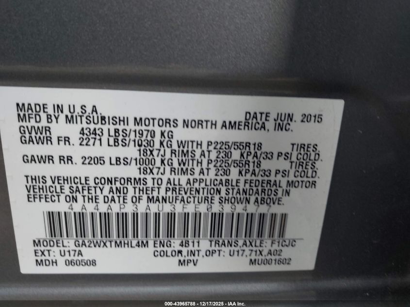 2015 Mitsubishi Outlander Sport Es VIN: 4A4AP3AU3FE039477 Lot: 43965788