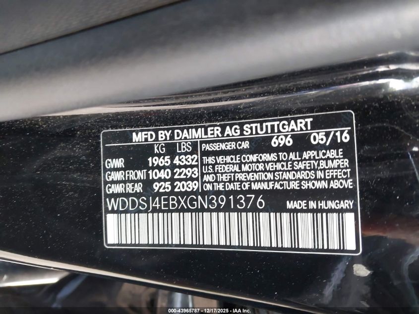 2016 Mercedes-Benz Cla 250 VIN: WDDSJ4EBXGN391376 Lot: 43965787