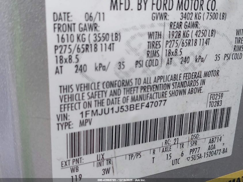 2011 Ford Expedition Xlt VIN: 1FMJU1J53BEF47077 Lot: 43965789