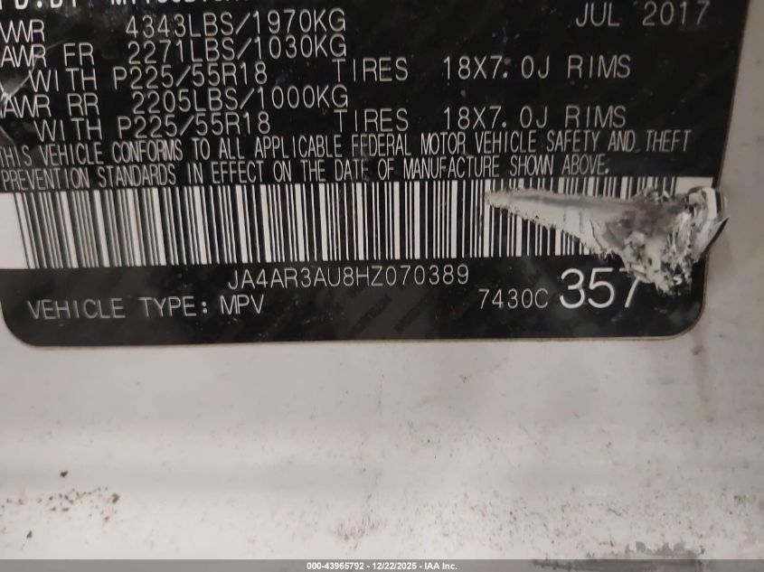 2017 Mitsubishi Outlander Sport 2.0 Le VIN: JA4AR3AU8HZ070389 Lot: 43965792