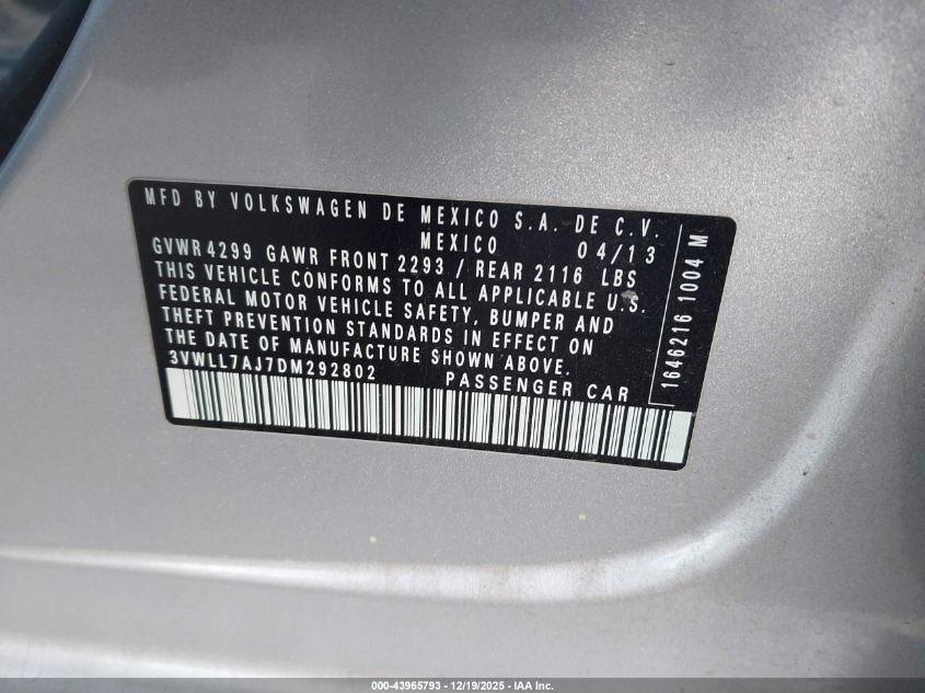 2013 Volkswagen Jetta 2.0L Tdi VIN: 3VWLL7AJ7DM292802 Lot: 43965793