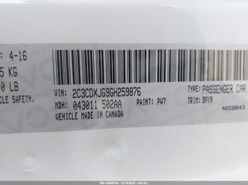 2016 Dodge Charger Sxt VIN: 2C3CDXJG9GH259876 Lot: 43965794
