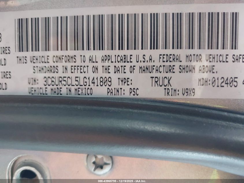 2020 Ram 2500 Limited 4X4 6'4 Box VIN: 3C6UR5SL5LG141809 Lot: 43965795