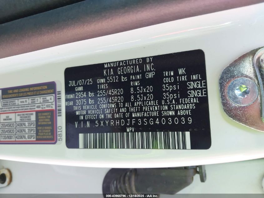 2025 Kia Sorento X-Line Ex VIN: 5XYRHDJF3SG403039 Lot: 43965796
