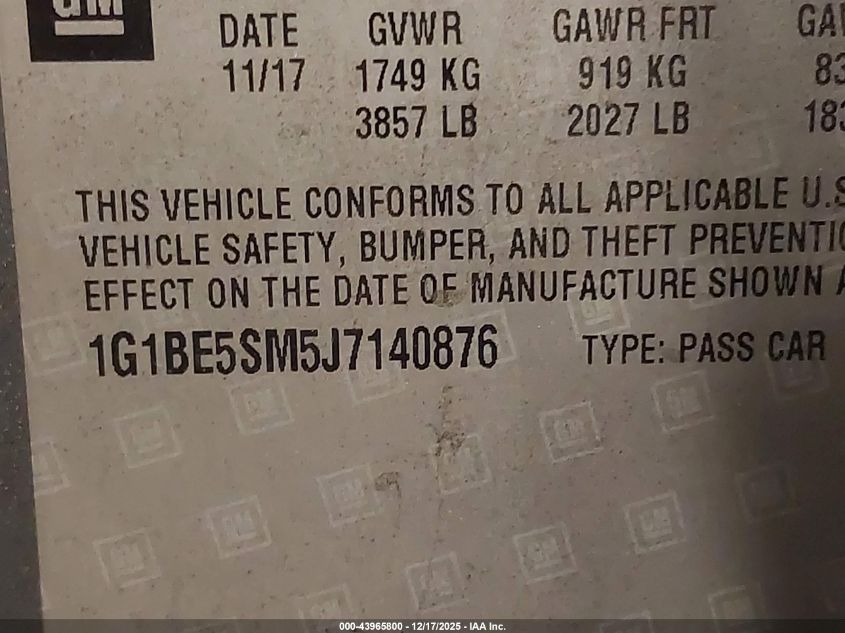 2018 Chevrolet Cruze Lt Auto VIN: 1G1BE5SM5J7140876 Lot: 43965800