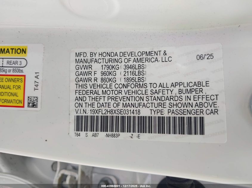 2025 Honda Civic Sedan Sport VIN: 19XFL2H8XSE031418 Lot: 43965801