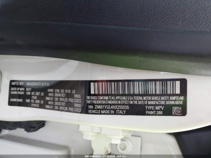 2017 Maserati Levante S VIN: ZN661YUL4HX255035 Lot: 43965803
