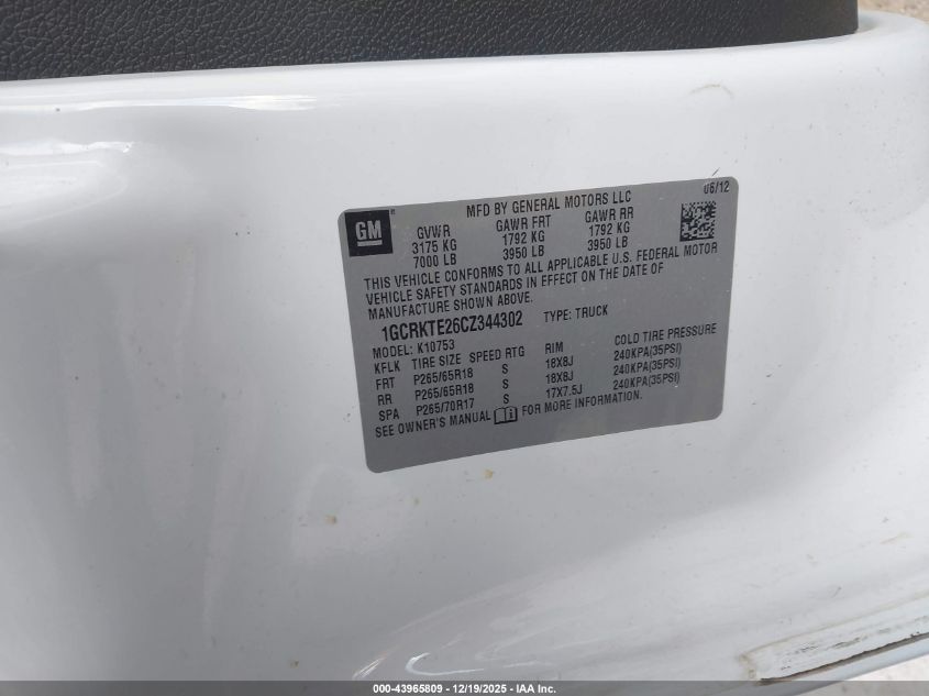 2012 Chevrolet Silverado 1500 Ltz VIN: 1GCRKTE26CZ344302 Lot: 43965809