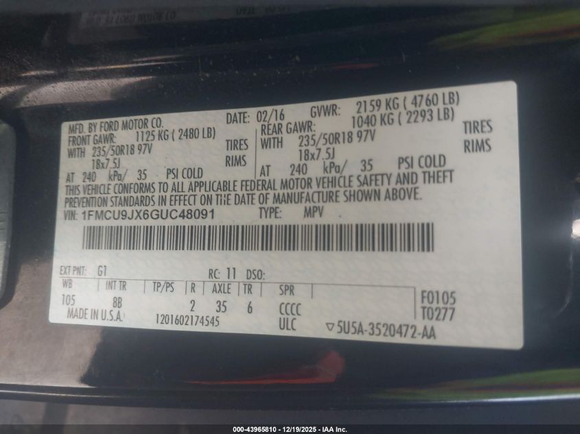 2016 Ford Escape Titanium VIN: 1FMCU9JX6GUC48091 Lot: 43965810