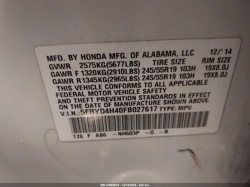 2015 Acura Mdx Technology Package VIN: 5FRYD4H40FB027617 Lot: 43965816