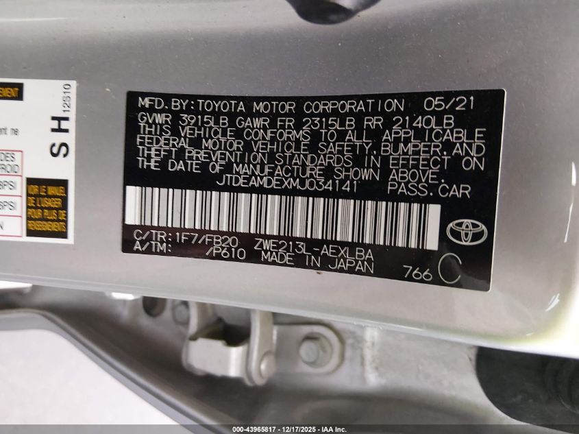 2021 Toyota Corolla Hybrid Le VIN: JTDEAMDEXMJ034141 Lot: 43965817