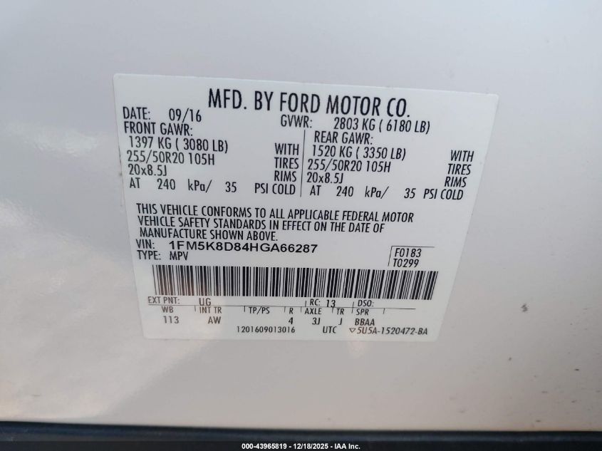 2017 Ford Explorer Xlt VIN: 1FM5K8D84HGA66287 Lot: 43965819