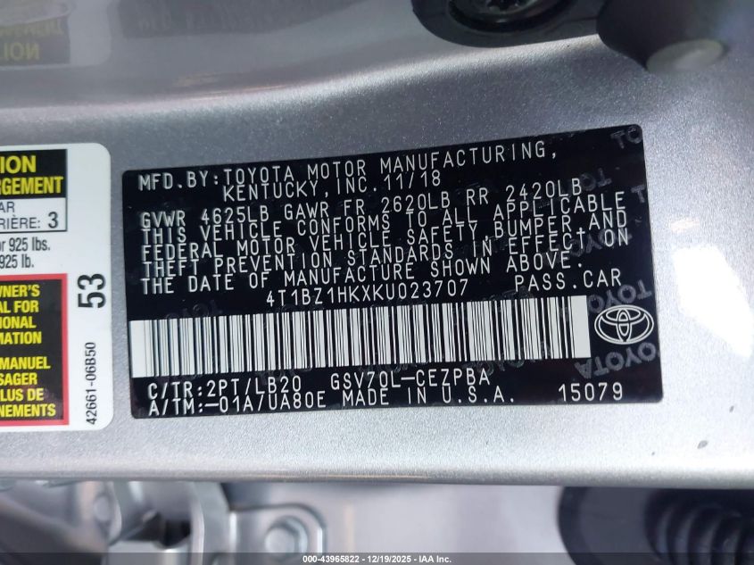 2019 Toyota Camry Xse V6 VIN: 4T1BZ1HKXKU023707 Lot: 43965822