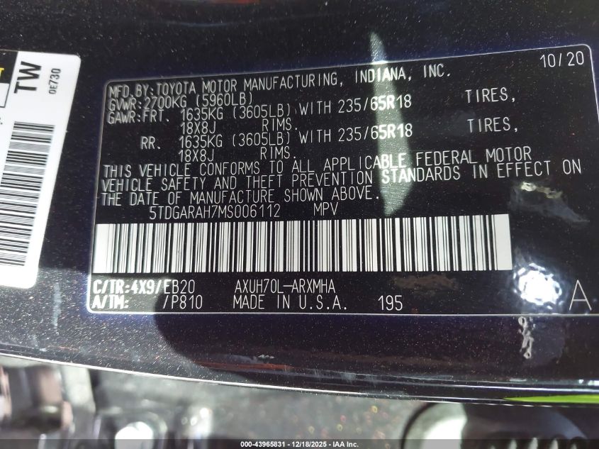 2021 Toyota Highlander Hybrid Xle VIN: 5TDGARAH7MS006112 Lot: 43965831