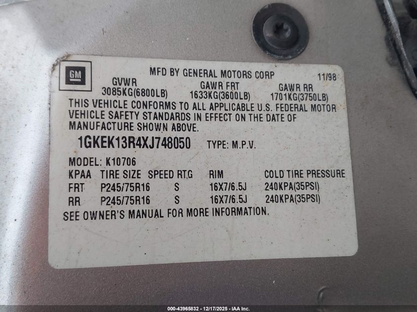 1999 GMC Yukon Sle VIN: 1GKEK13R4XJ748050 Lot: 43965832