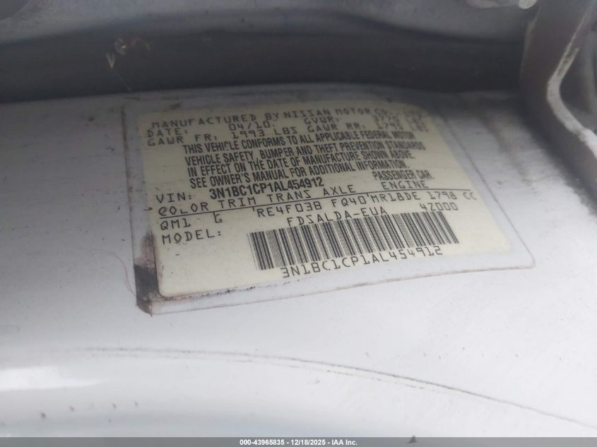 2010 Nissan Versa 1.8S VIN: 3N1BC1CP1AL454912 Lot: 43965835