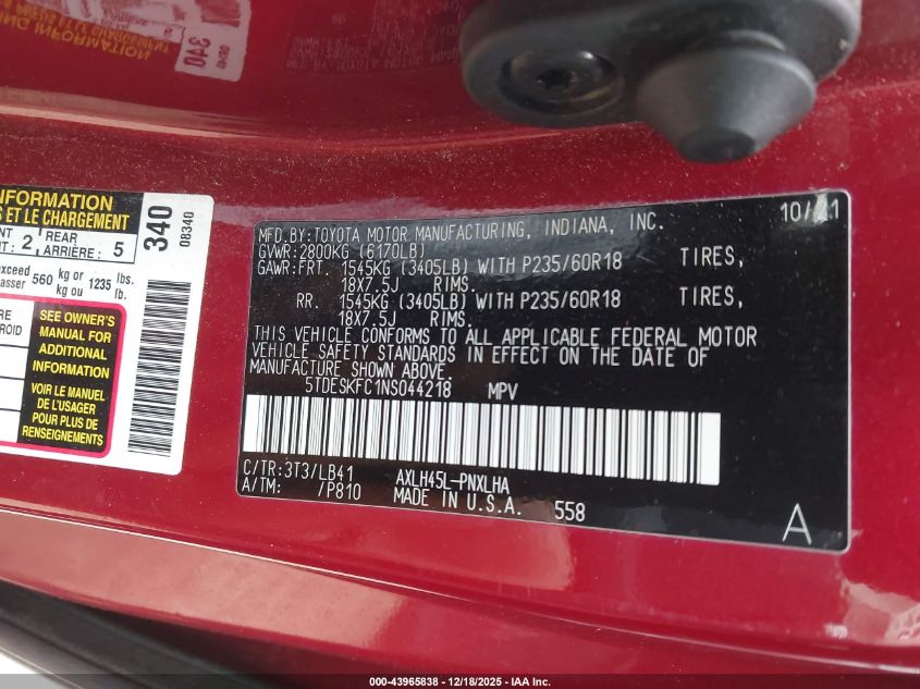 2022 Toyota Sienna Platinum VIN: 5TDESKFC1NS044218 Lot: 43965838