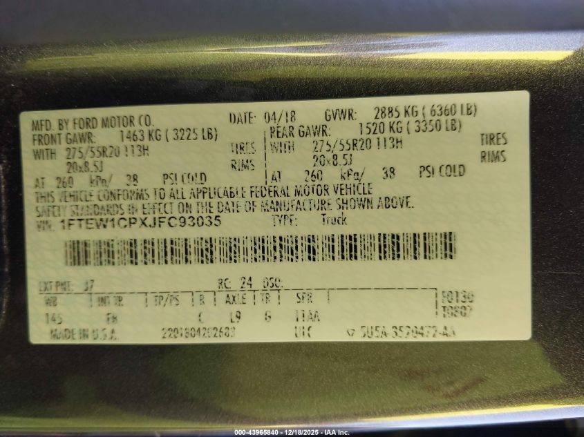 2018 Ford F-150 Xlt VIN: 1FTEW1CPXJFC93035 Lot: 43965840