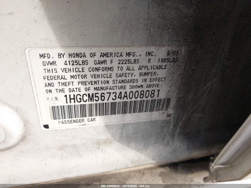 2004 Honda Accord 2.4 Ex VIN: 1HGCM56734A008081 Lot: 43965842