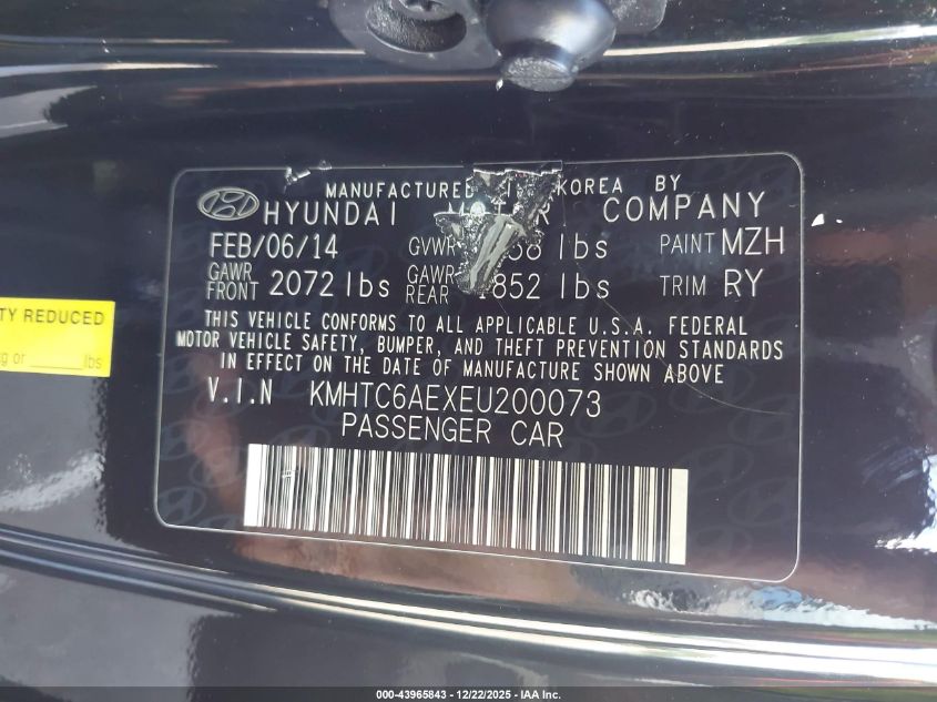 2014 Hyundai Veloster Turbo W/Black VIN: KMHTC6AEXEU200073 Lot: 43965843
