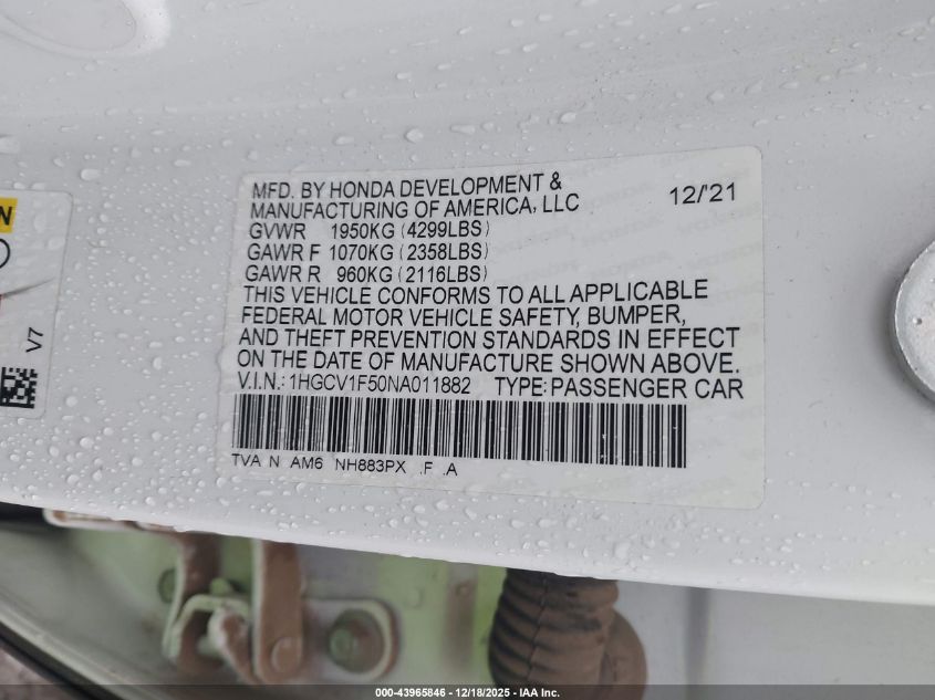 2022 Honda Accord Ex-L VIN: 1HGCV1F50NA011882 Lot: 43965846