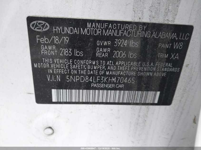 2019 Hyundai Elantra Sel VIN: 5NPD84LF3KH470465 Lot: 43965847