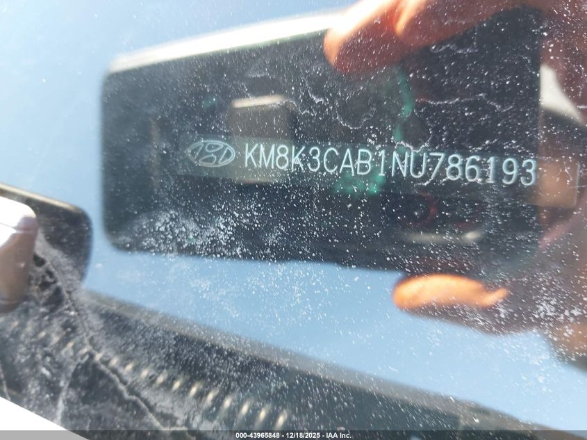 2022 Hyundai Kona Sel VIN: KM8K3CAB1NU786193 Lot: 43965848