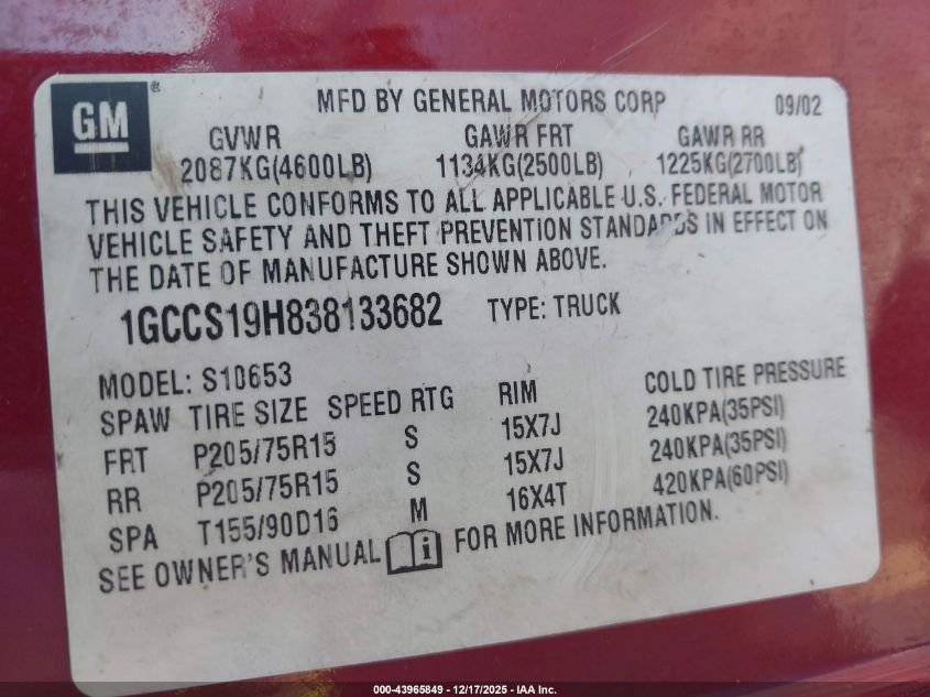 2003 Chevrolet S-10 VIN: 1GCCS19H838133682 Lot: 43965849