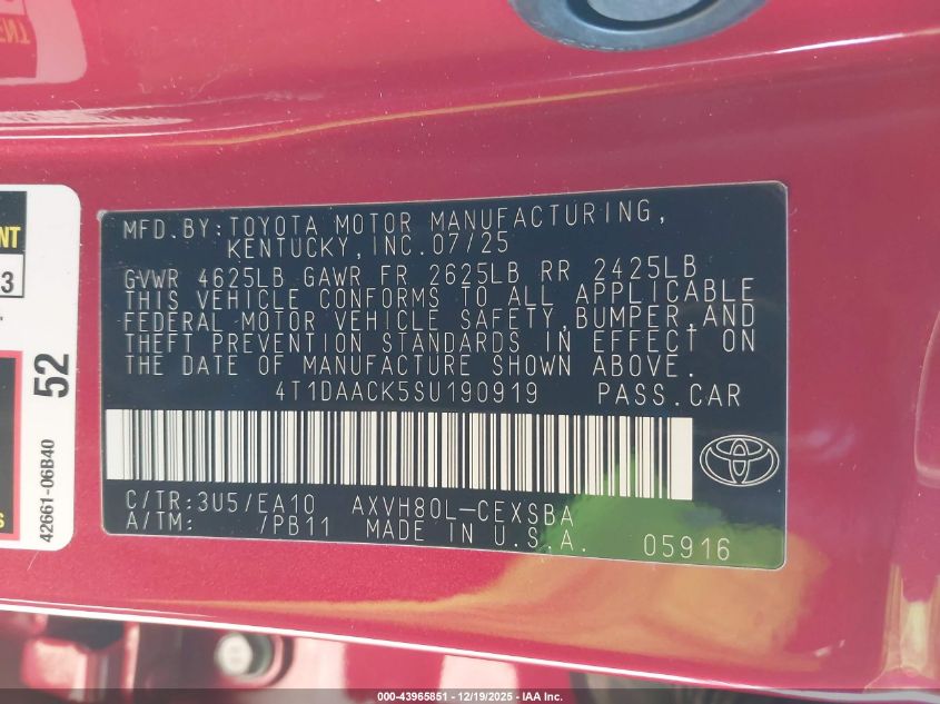 2025 Toyota Camry Se VIN: 4T1DAACK5SU190919 Lot: 43965851