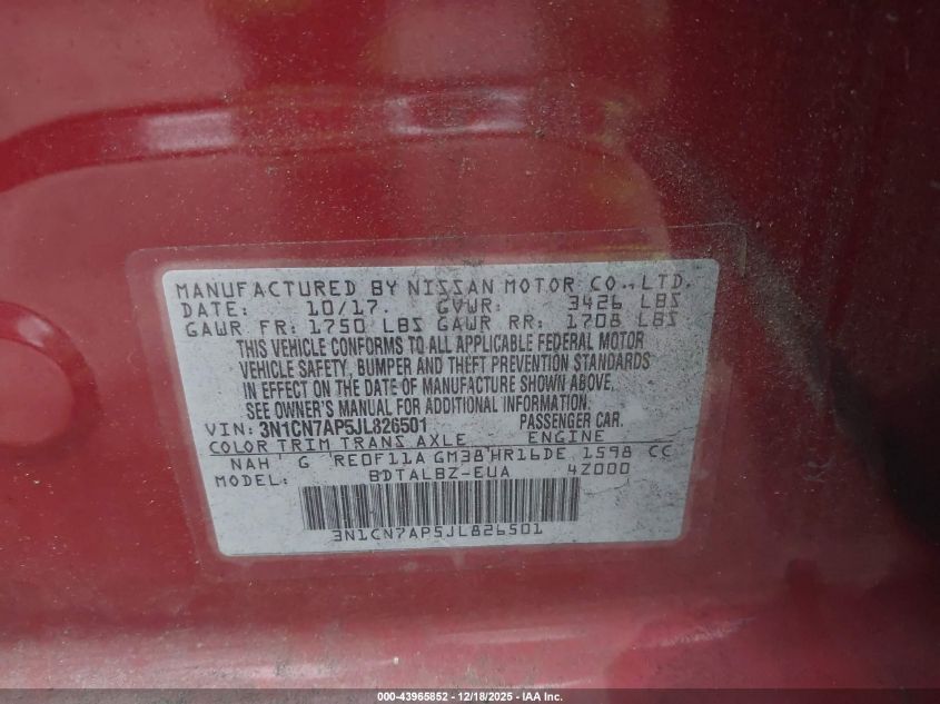 2018 Nissan Versa 1.6 Sv VIN: 3N1CN7AP5JL826501 Lot: 43965852