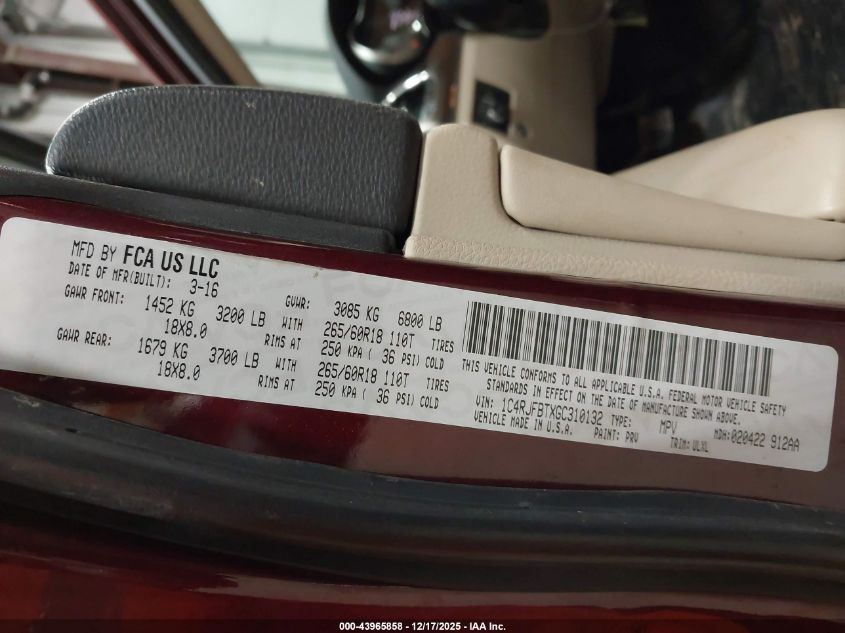 2016 Jeep Grand Cherokee Limited VIN: 1C4RJFBTXGC310132 Lot: 43965858