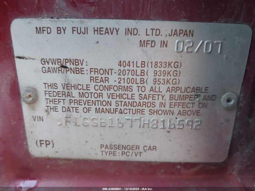 2007 Subaru Impreza 2.5I VIN: JF1GG61677H816592 Lot: 43965861