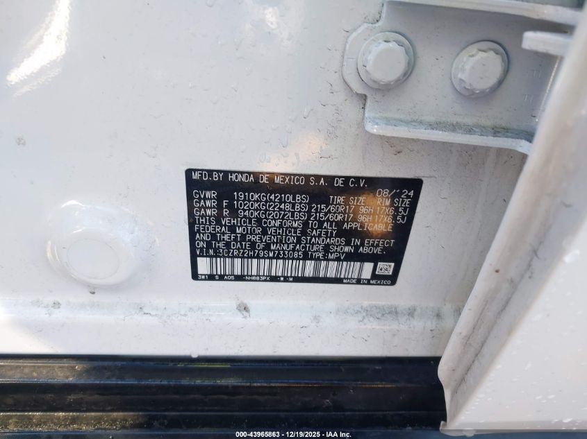 2025 Honda Hr-V Awd Ex-L VIN: 3CZRZ2H79SM733085 Lot: 43965863