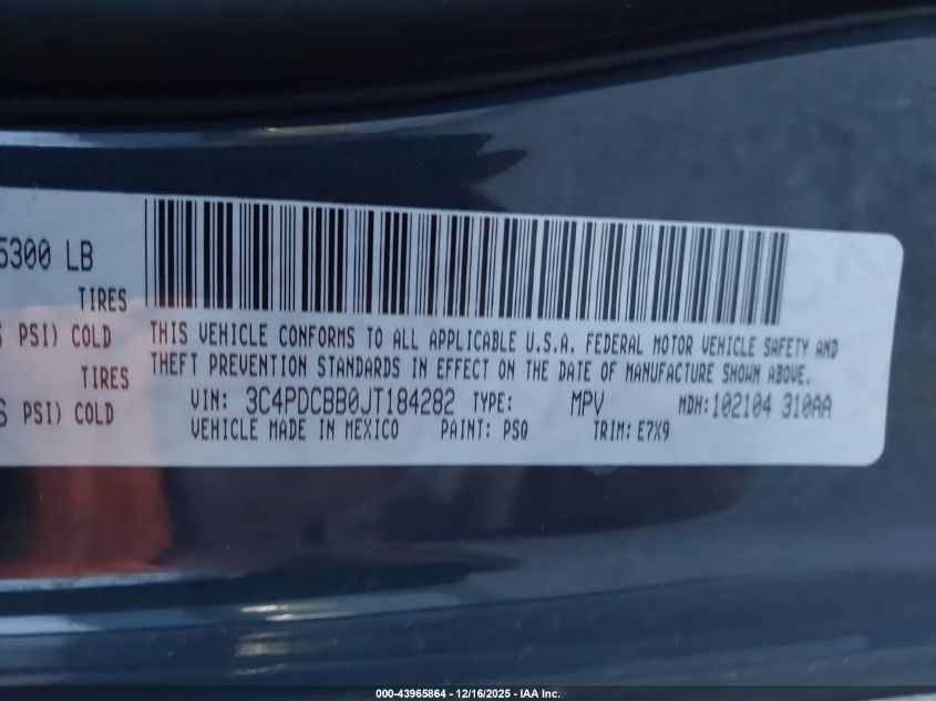 2018 Dodge Journey Sxt VIN: 3C4PDCBB0JT184282 Lot: 43965864