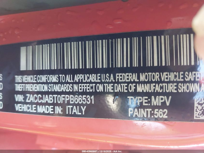 2015 Jeep Renegade Latitude VIN: ZACCJABT0FPB66531 Lot: 43965867