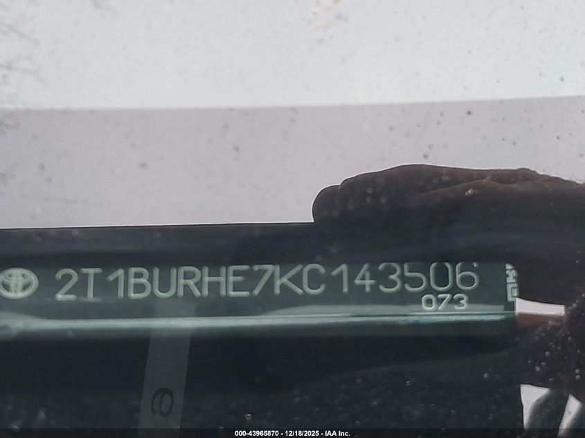 2019 Toyota Corolla Le VIN: 2T1BURHE7KC143506 Lot: 43965870