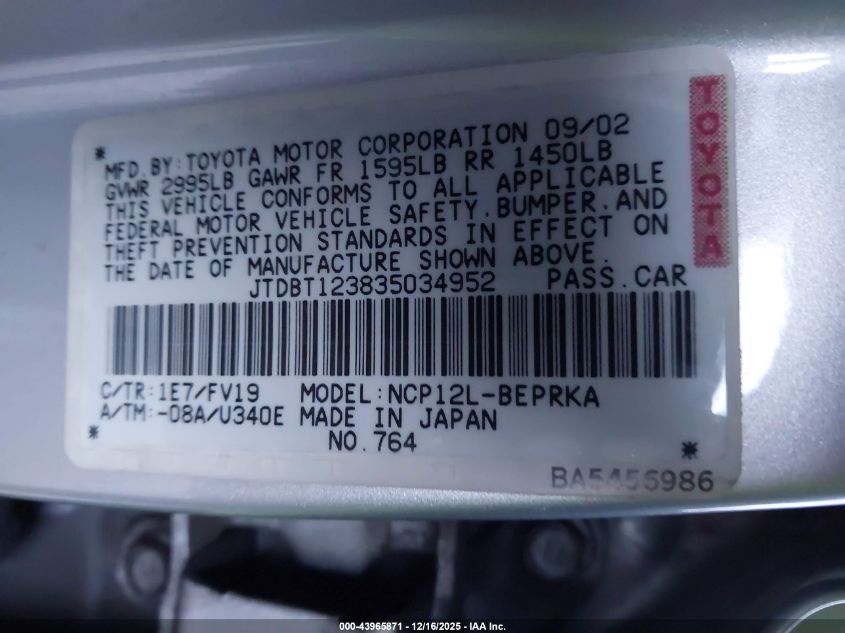 2003 Toyota Echo VIN: JTDBT123835034952 Lot: 43965871