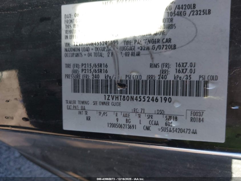 2005 Ford Mustang V6 Deluxe/V6 Premium VIN: 1ZVHT80N455246190 Lot: 43965873