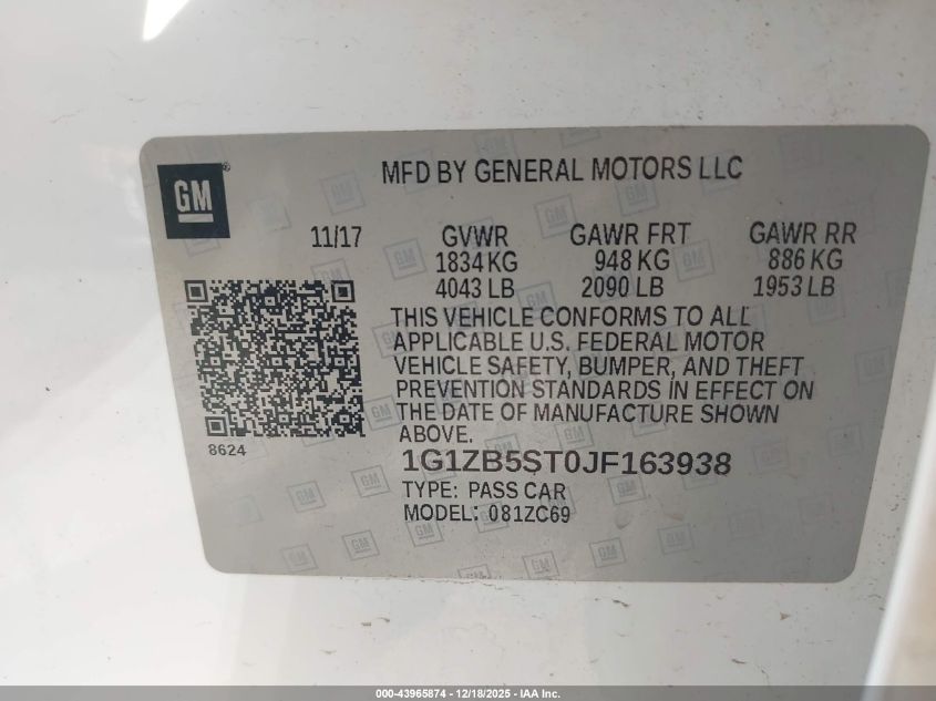 2018 Chevrolet Malibu 1Ls VIN: 1G1ZB5ST0JF163938 Lot: 43965874