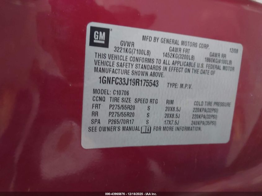 2009 Chevrolet Tahoe Ltz VIN: 1GNFC33J19R175543 Lot: 43965876