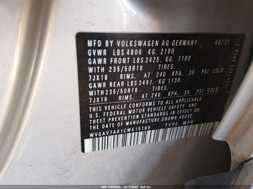 2012 Volkswagen Tiguan Se VIN: WVGAV7AX1CW515189 Lot: 43965880