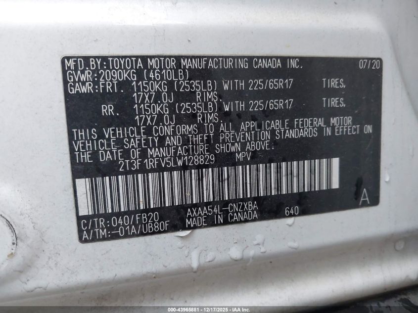 2020 Toyota Rav4 Le VIN: 2T3F1RFV5LW128829 Lot: 43965881