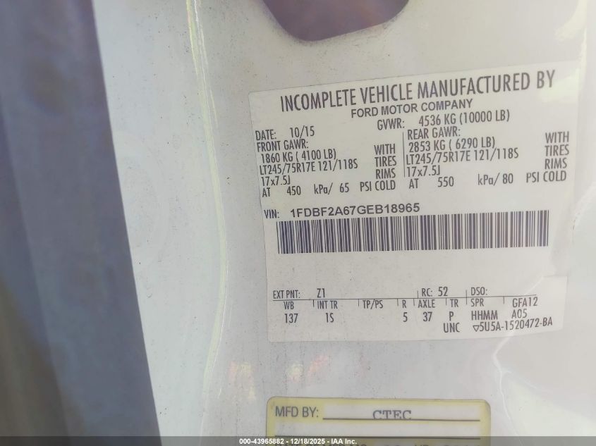 2016 Ford F-250 Xl VIN: 1FDBF2A67GEB18965 Lot: 43965882