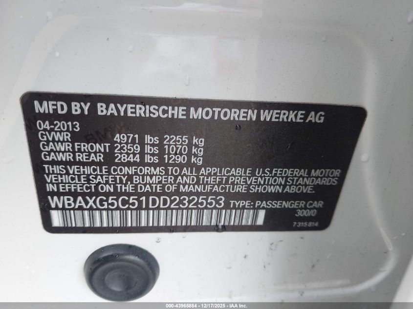 2013 BMW 528I VIN: WBAXG5C51DD232553 Lot: 43965884