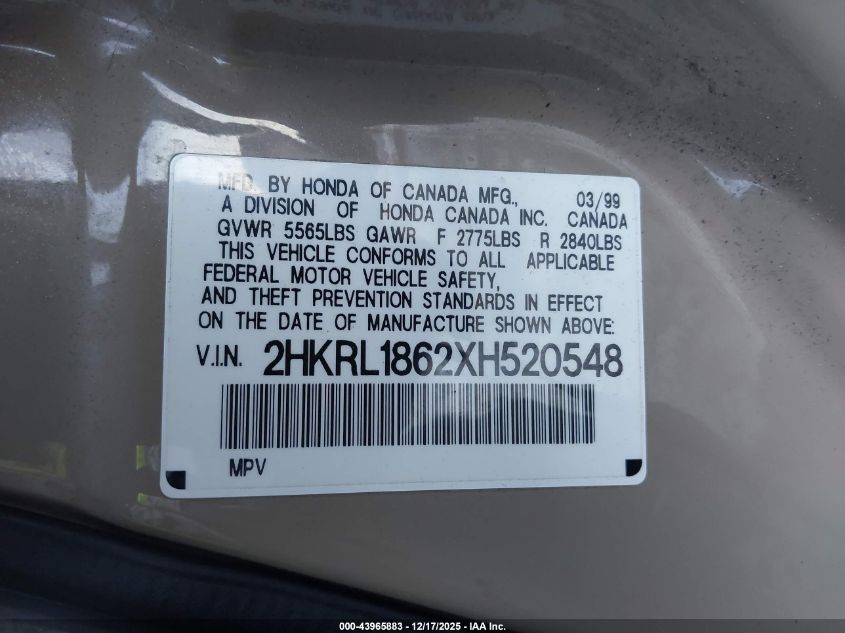 1999 Honda Odyssey Ex VIN: 2HKRL1862XH520548 Lot: 43965883