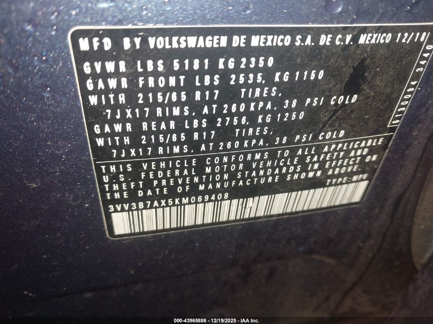 2019 Volkswagen Tiguan 2.0T Se/2.0T Sel/2.0T Sel R-Line/2.0T Sel R-Line Black VIN: 3VV3B7AX5KM069408 Lot: 43965886