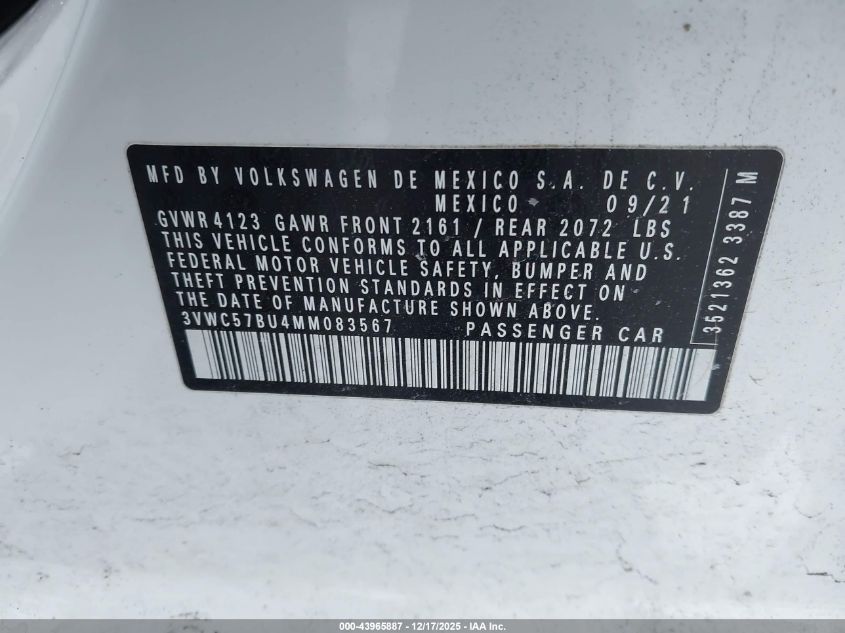 2021 Volkswagen Jetta 1.4T R-Line/1.4T S/1.4T Se VIN: 3VWC57BU4MM083567 Lot: 43965887