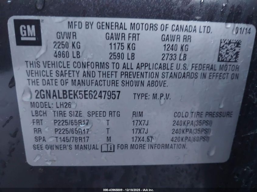 2014 Chevrolet Equinox 1Lt VIN: 2GNALBEK5E6247957 Lot: 43965889