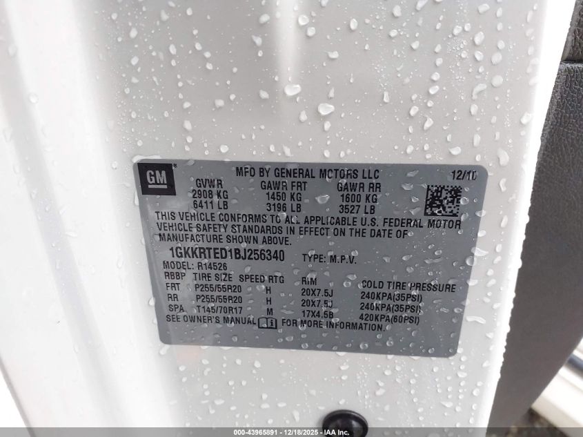2011 GMC Acadia Denali VIN: 1GKKRTED1BJ256340 Lot: 43965891