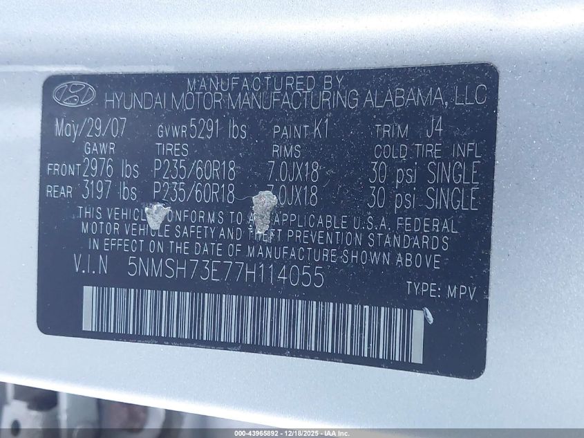 2007 Hyundai Santa Fe Limited/Se VIN: 5NMSH73E77H114055 Lot: 43965892